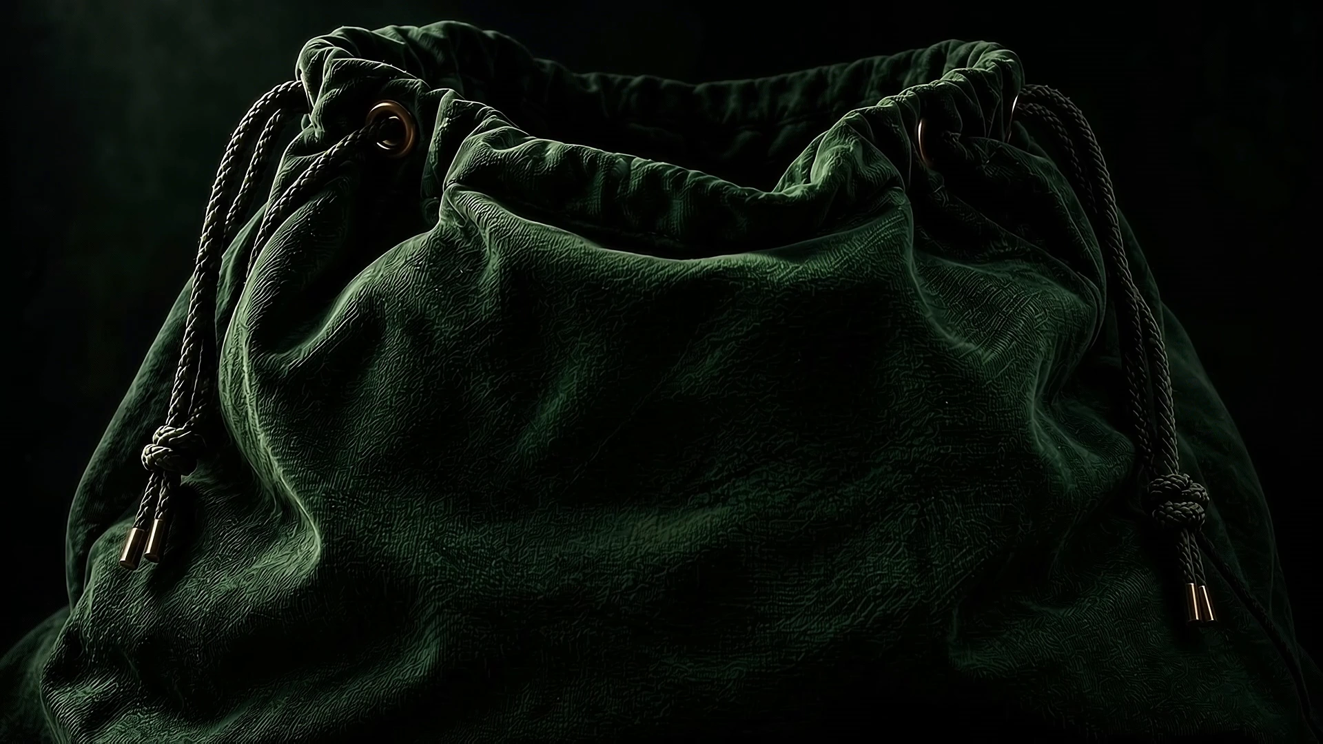 An oversized forest-green fabric bag with brass eyelets and braided drawstrings